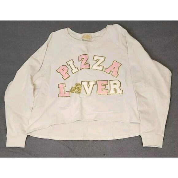 Judith March Large Ivory Pink Pizza Lover Cropped Oversized Sequin Sweatshirt - Picture 1 of 11